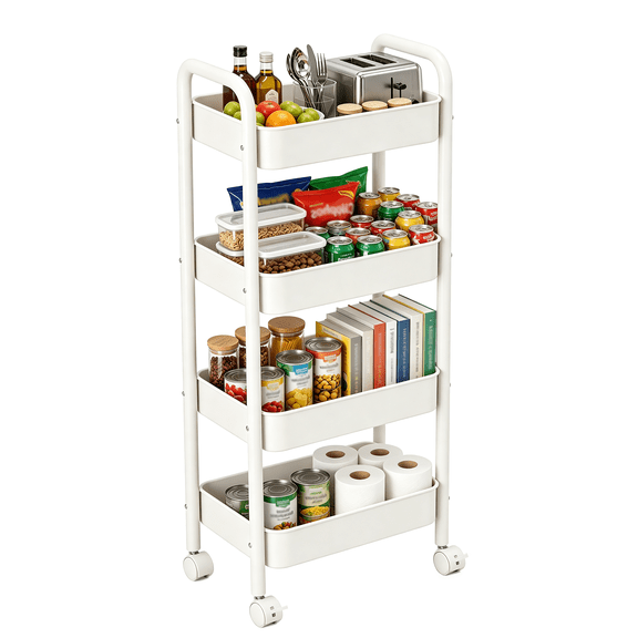 4‑Tier Rolling Metal Storage Cart, Metal Rolling Utility Cart, Mobile Utility Organizer Shelf with Lockable Wheels, Multifunctional Rolling Trolley for Kitchen, Bathroom, Living‑Room and Bedroom