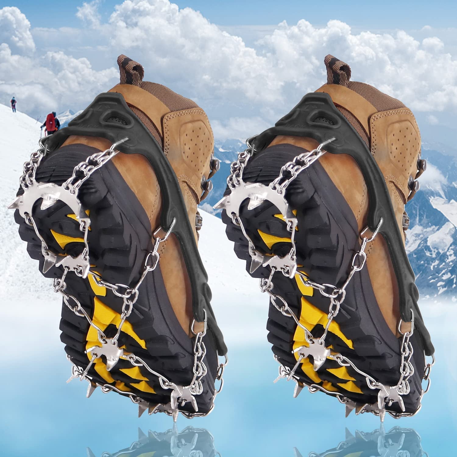  Crampons Ice Cleats Traction Snow Grips for Boots Shoes Women  Men Kids Anti Slip 19 Stainless Steel Spikes Safe Protect for Hiking  Fishing Walking Climbing Mountaineering (Black, Medium) : Sports