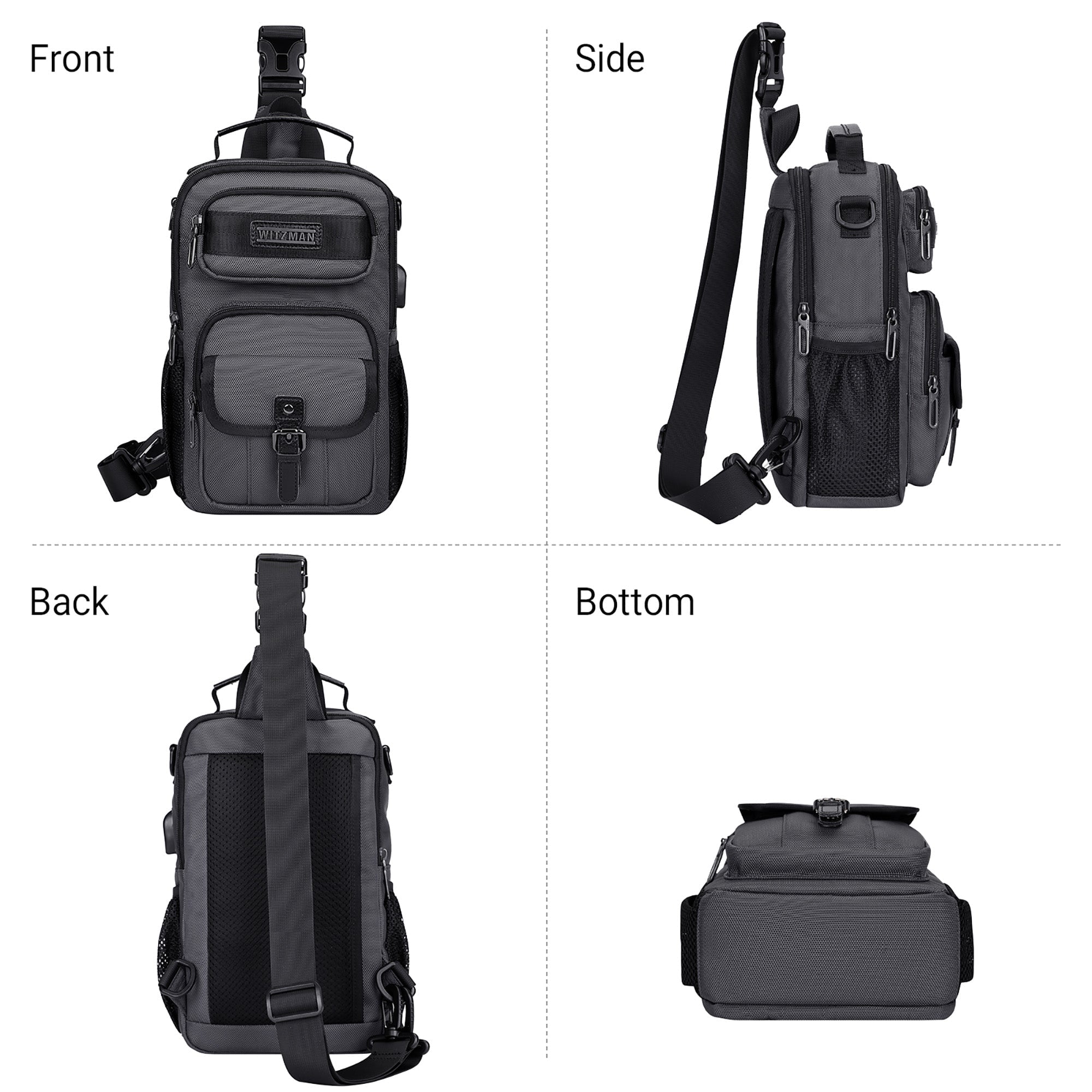 WITZMAN Sling Bag for Men Convertible Travel Sling Backpack USB Charging Port Lightweight Crossbody Bags Casual Daypack（B698 Silvery Grey）