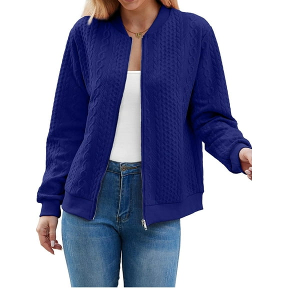 Women'S Zip Up Cardigan Sweater Hoodies Long Sleeve Jacket Outfits Crewneck Casual Coat Blue L