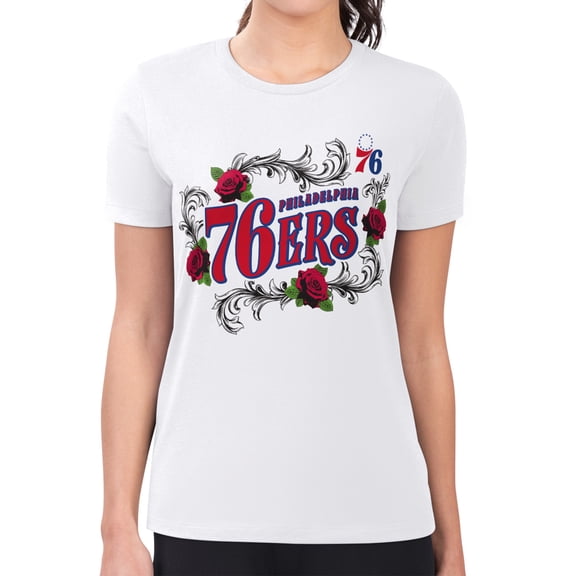 Women's G-III 4Her by Carl Banks White Philadelphia 76ers Super-Slim Fit Lightweight Roses Crew Neck T-Shirt