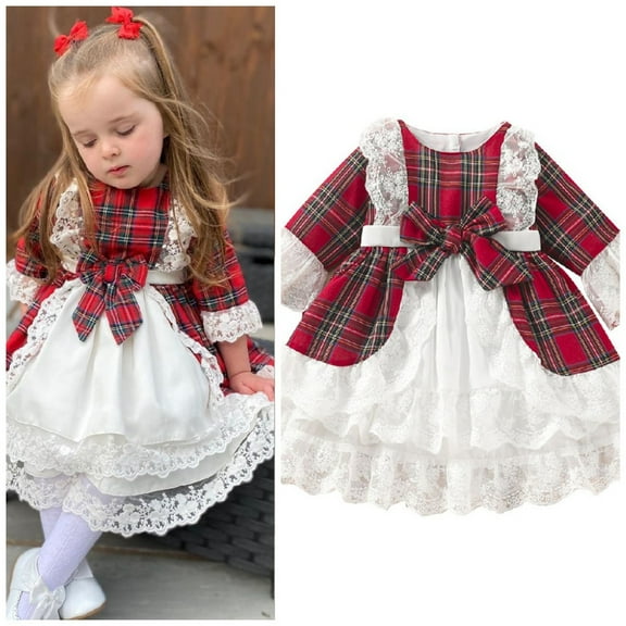 Fall Cotton Dresses for Girls Christmas Plaid Cute Long Sleeve Lace Dresses Ruffle Hem Festival Toddler Baby Girl's Outfits Red 3 Years