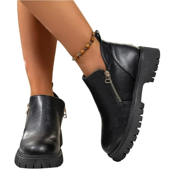 Kopltyrfg Ankle Boots for Women Low Heel Suede Platform Heeled Short Booties Chunky Heel Side Zipper Round Toe Lug Sole Fall Boots Non Slip Outdoor Walking Shoes (Black,39)