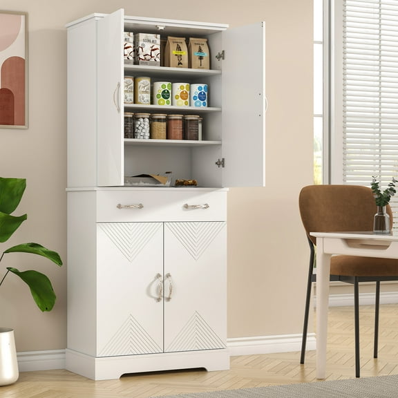 Spacesea White Pantry Cabinet for Kitchen Storage, 73.23” Tall Freestanding Storage Cabinet with 1 Drawer, 2 Adjustable Shelves & Carved Doors