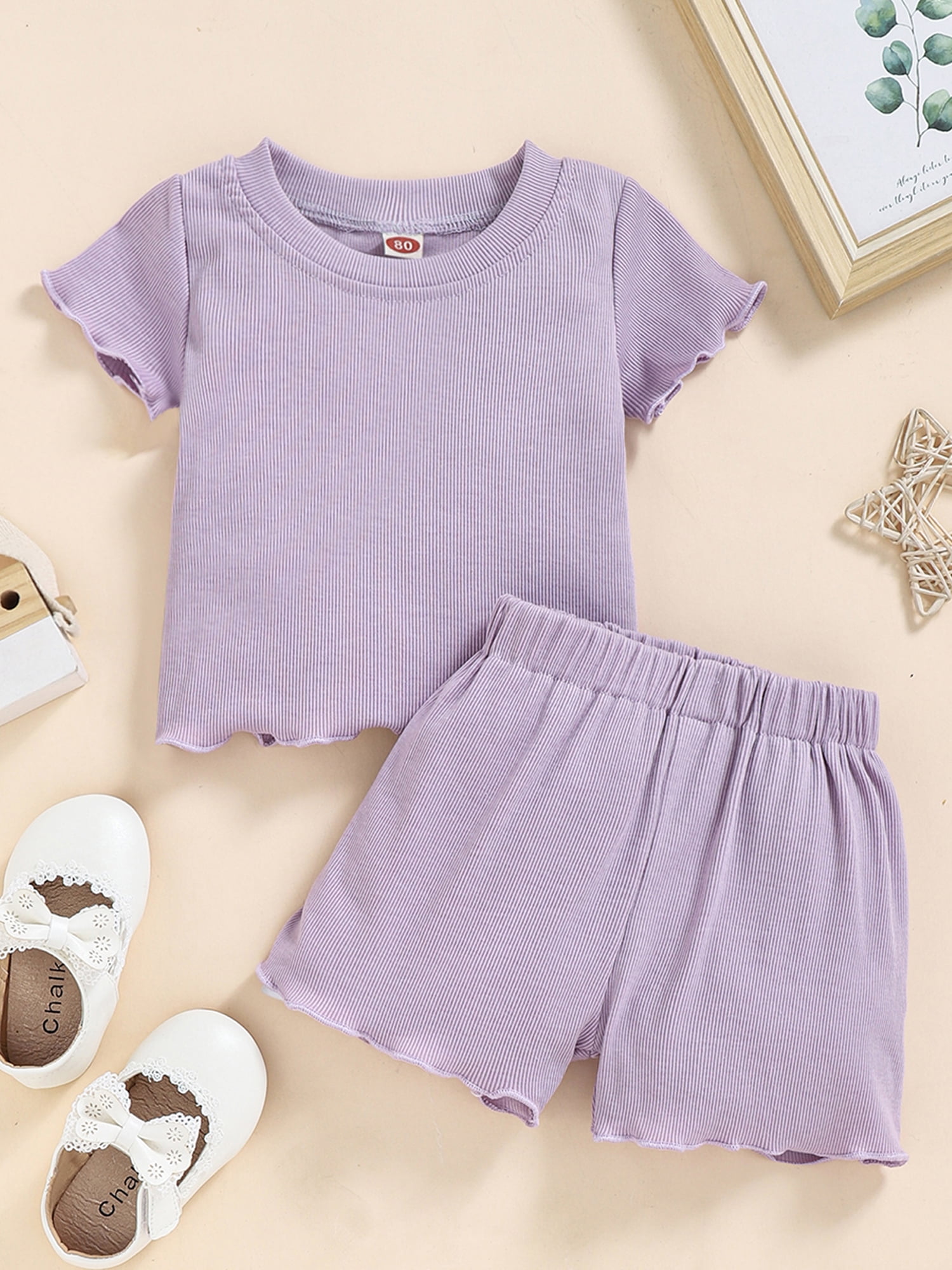 2pcs Baby Girl Striped Ribbed Short-sleeve Top and Shorts Set