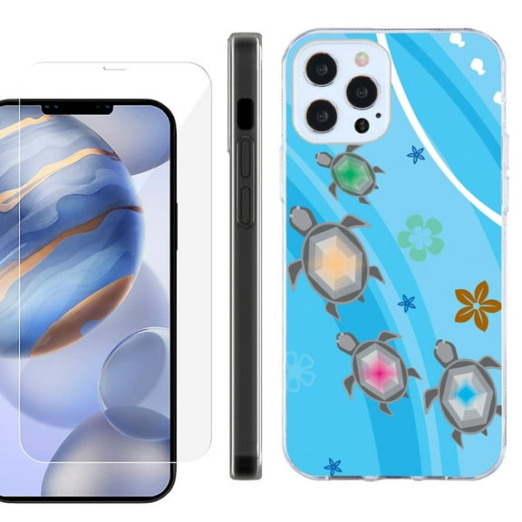 Slim Fit Protective Phone Case for Apple iPhone 12 / iPhone 12 Pro, with Tempered Glass Screen Protector, by OneToughShield ® - Happy Turtle