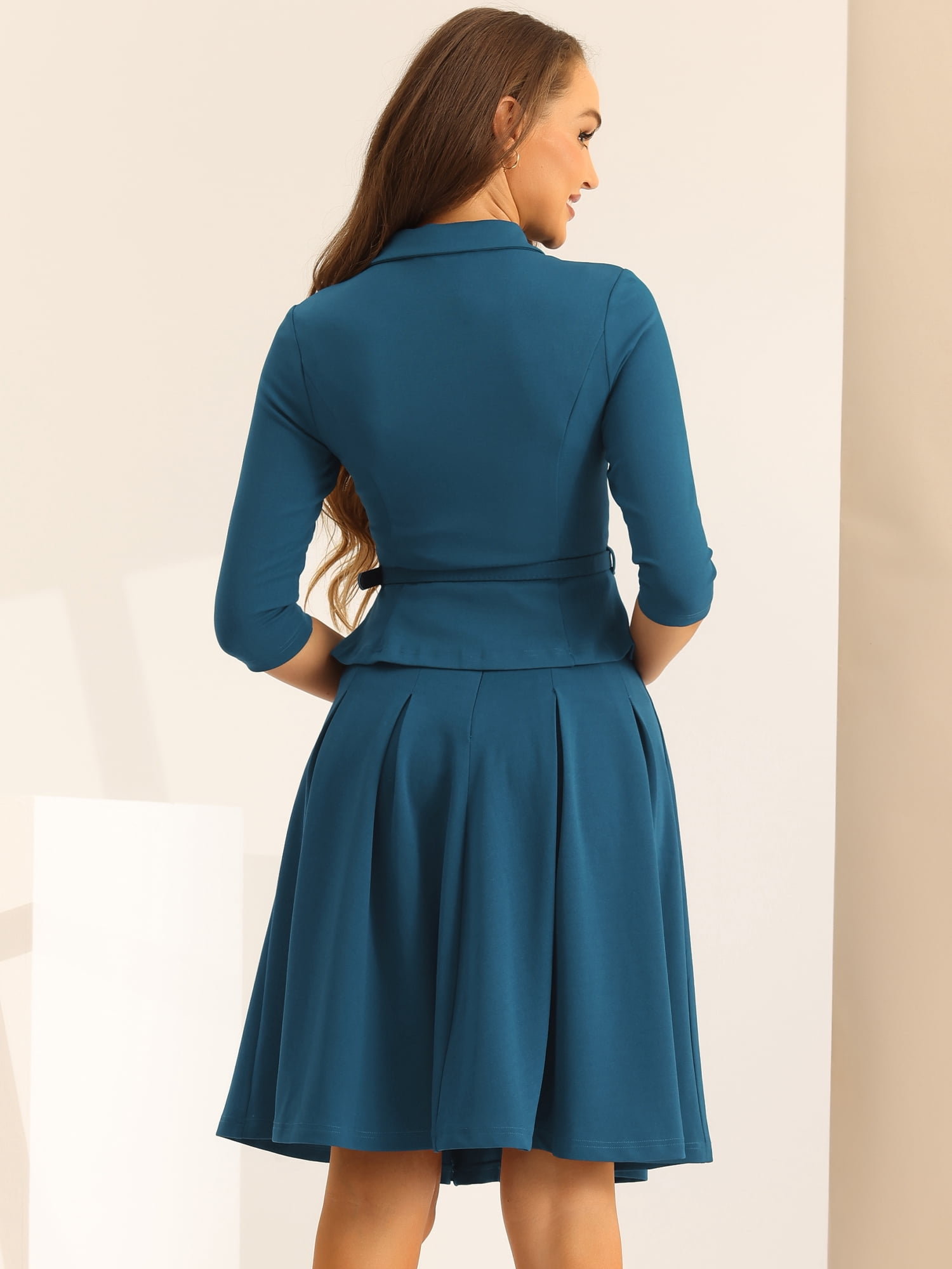 DARING DIVA Women's 2 Pcs Long Sleeve Jacket Pleated Skirt Suit Sets M Lake Blue