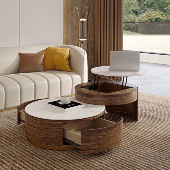 POVISON Lift-top Modern Nesting Coffee Table Set Of 2, White Sintered Stone Coffee Table Set For Living Room, 31.49'', Brown