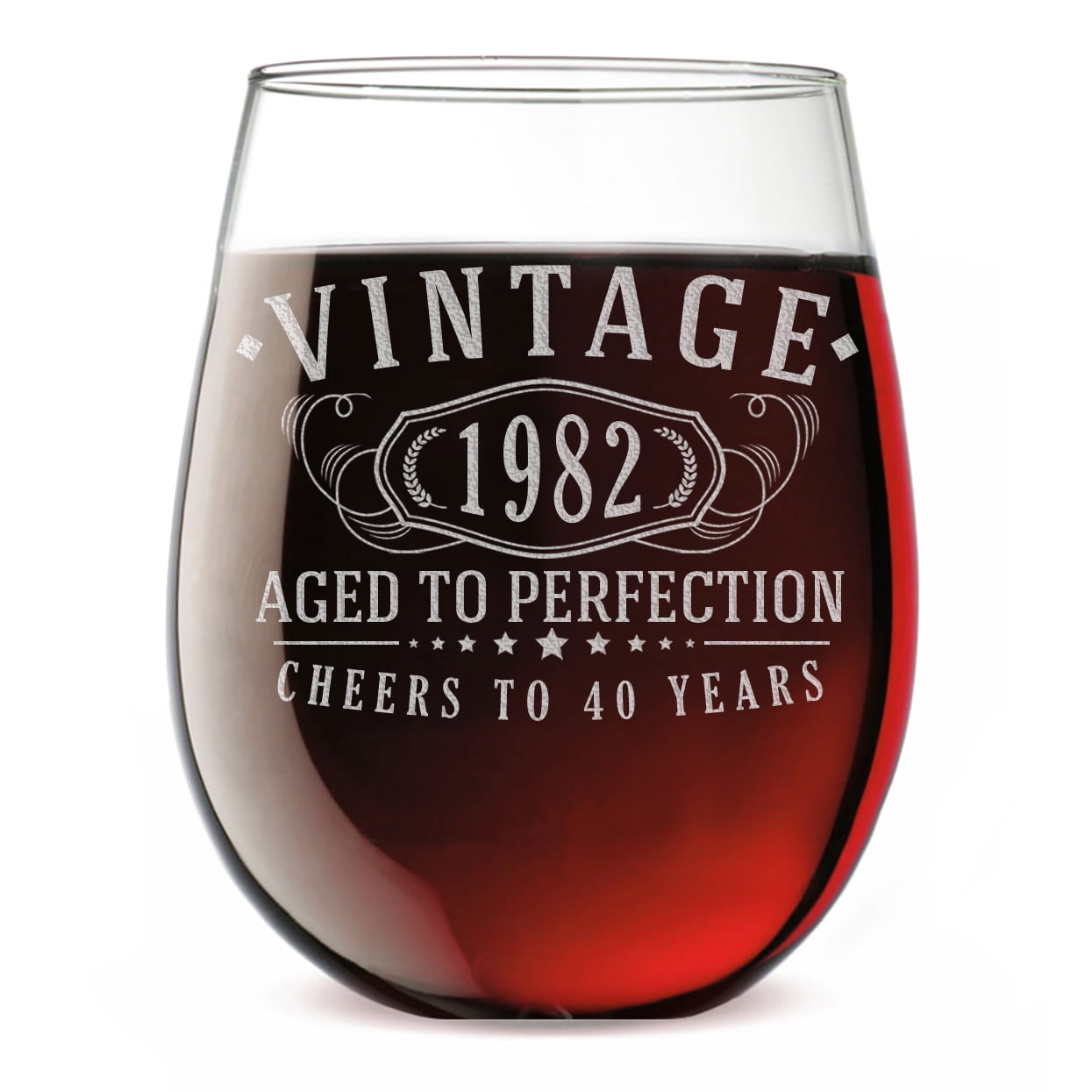 Vintage 1982 Etched 17oz Stemless Wine Glass - 40th Birthday Aged to Perfection - 40 years old gifts