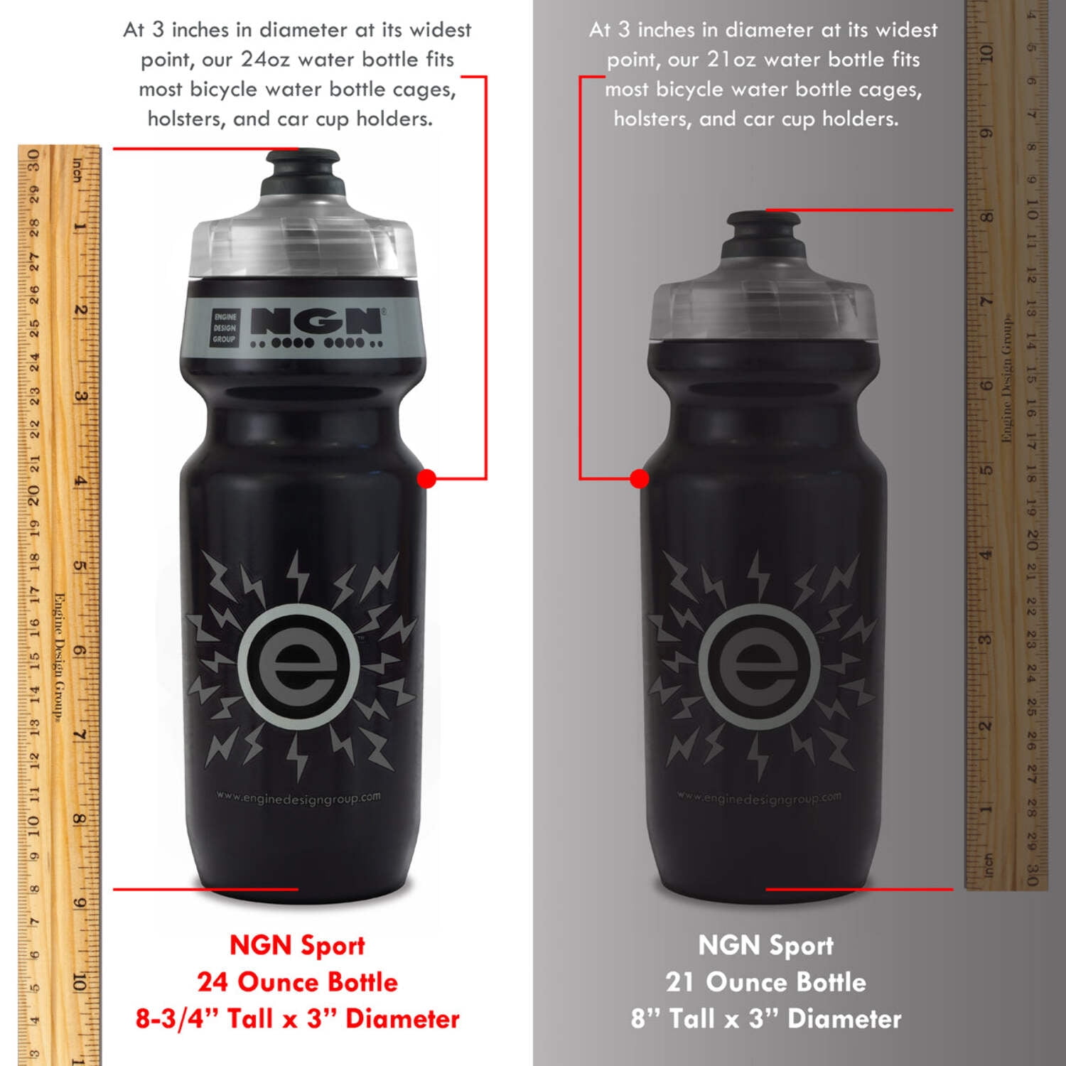 NGN Sport – High Performance Bike Water Bottles – 24 oz | White/Fire Engne Red (2-Pack)