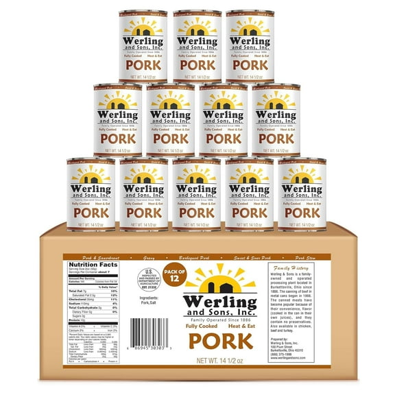 (Pack of 12) Werling & Sons Canned Pork 14.5 Oz Fully Cooked Ready to Eat Canned Meat Shelf Stable No Refrigeration Needed Perfect for Emergency Storage Camping Survival Canned Food