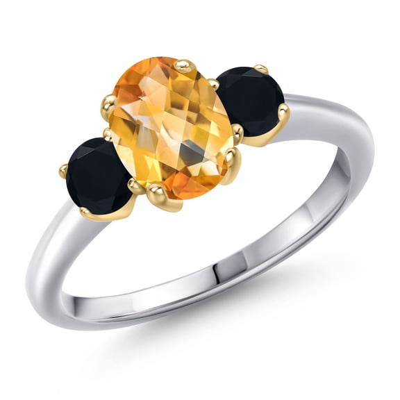 Gem Stone King 10K Two Tone Gold Yellow Citrine and Black Onyx Engagement Ring for Women | 1.69 Cttw | Oval Checkerboard 8X6MM | Gemstone November Birthstone | Size 7