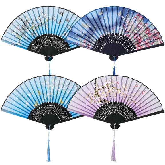 Hengguang 4Pcs Handheld Folding Fan, Line Dancing Fans, Oriental Folding Fan for Ladies, Floral Pattern Hand Held Fans Silk Fans with Tassel, Hollowed Hand Holding Fans for Women