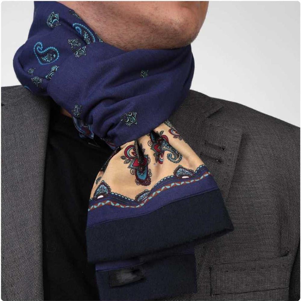Blue Biege Paisley Mens Silk Scarf Designer neck scarf for winters