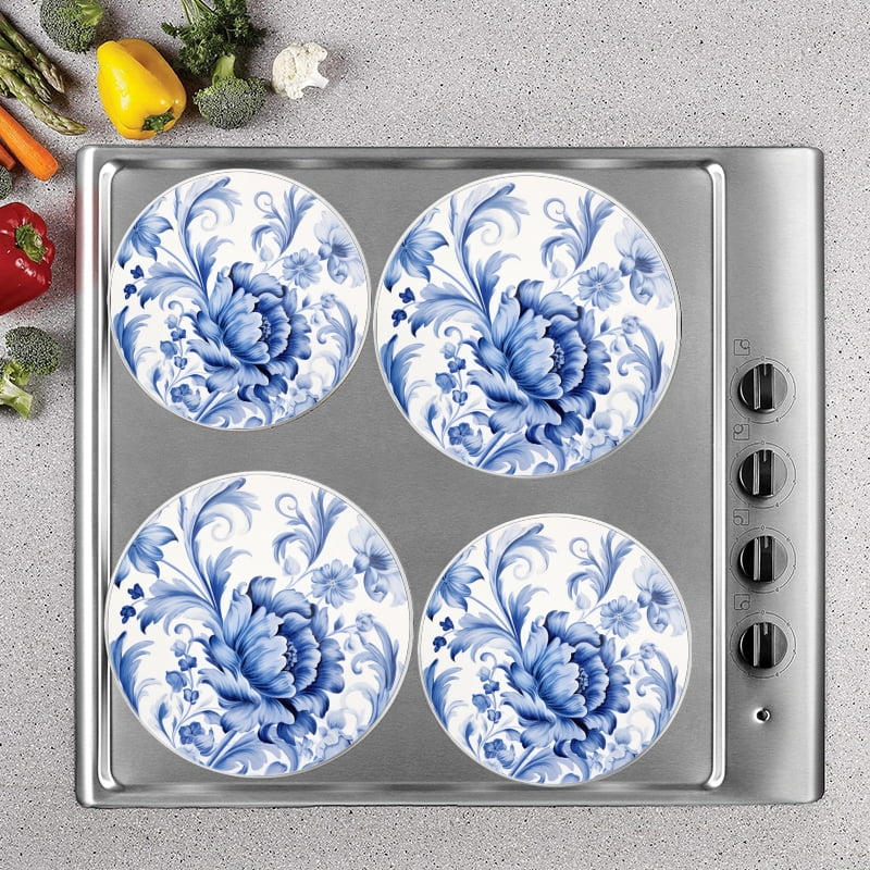 BaHomeck Electric Stove Burner Covers Set of 4,Round Metal Gas Stove Burner Covers 8 Inch and 10 Inch,Kitchen Decor,Blue And White Porcelain-Style Floral Pattern
