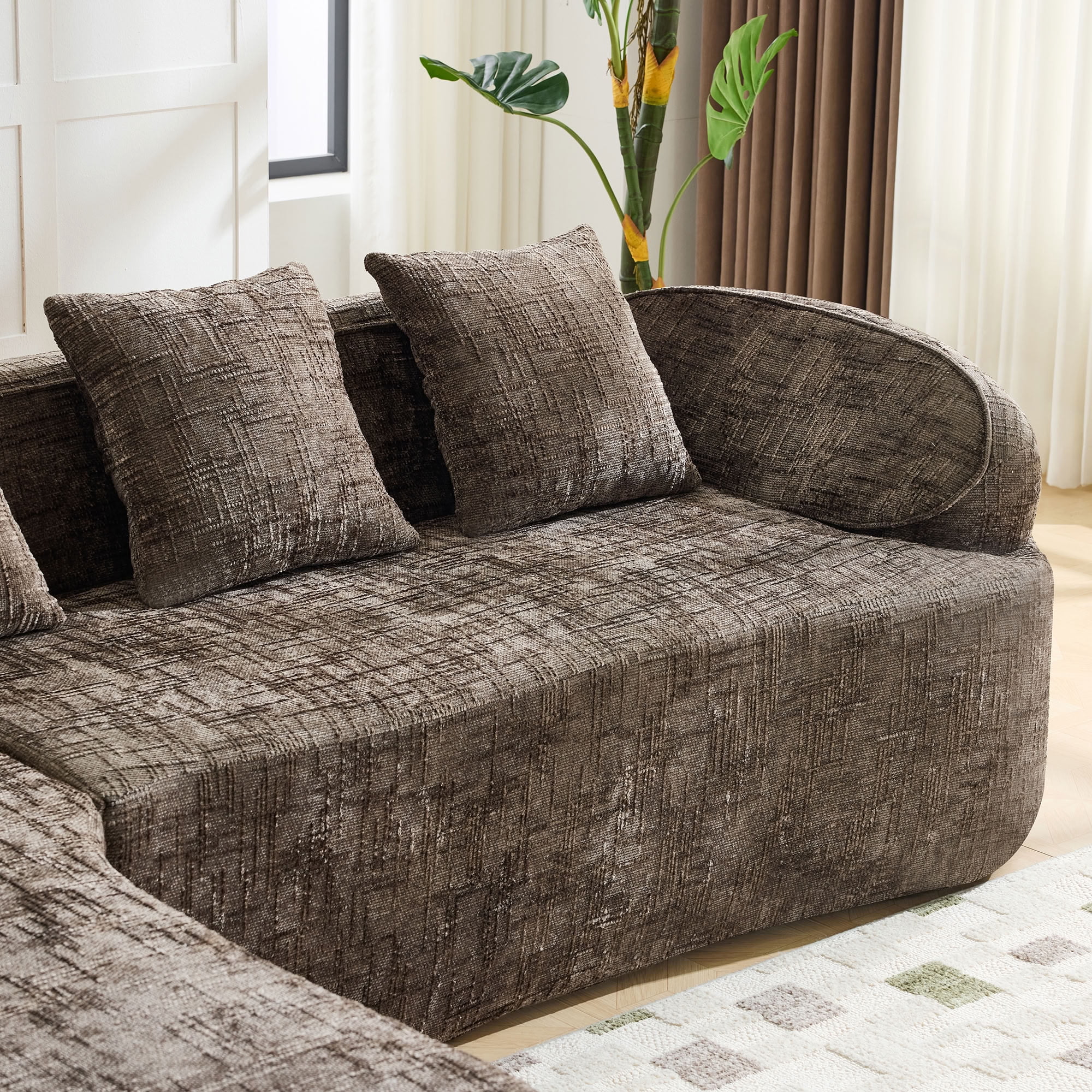 MAYEERTY L-Shaped Chenille Sectional Sofa with Chaise Lounge, 4-Seat Compressed Couch with 4 Throw Pillows, for Living Room Apartment Small Spaces