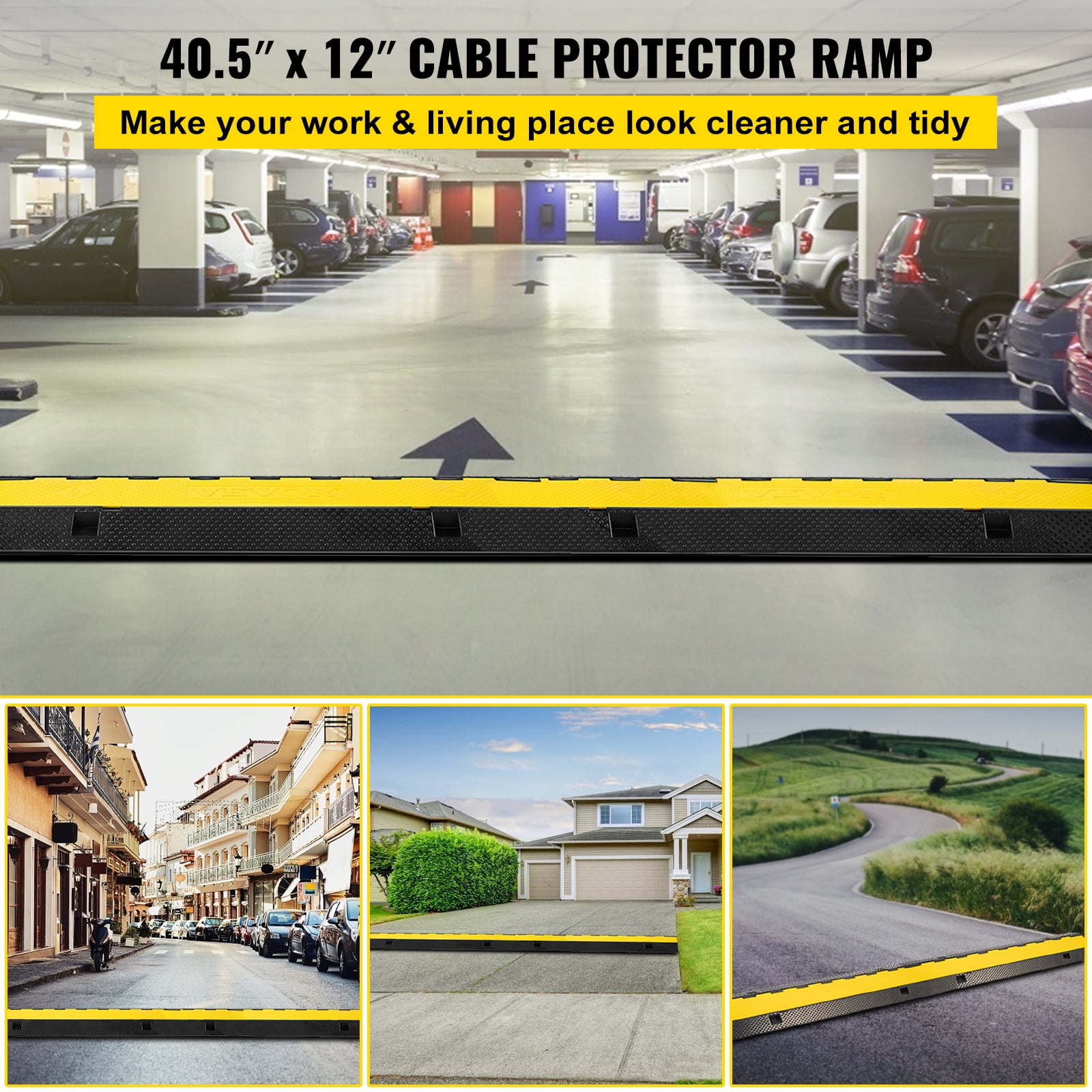 SKYSHALO 3 Channel Rubber Cable Protector Ramp 1.2 x 1.2 inch Channel Heavy Duty Cable Wire Cord Cover Ramp Speed Bump Driveway Hose Cable Ramp Protective Cover
