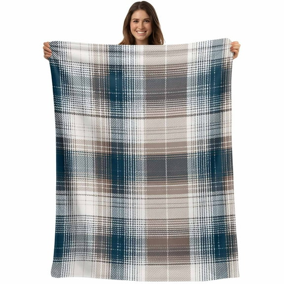 Brown Blue Checkered Plaid Throw Blankets, Rustic Buffalo Plaid Soft Fleece Blanket Decorative for Home Sofa Couch Chair Living Bedroom, 50x60 inches,