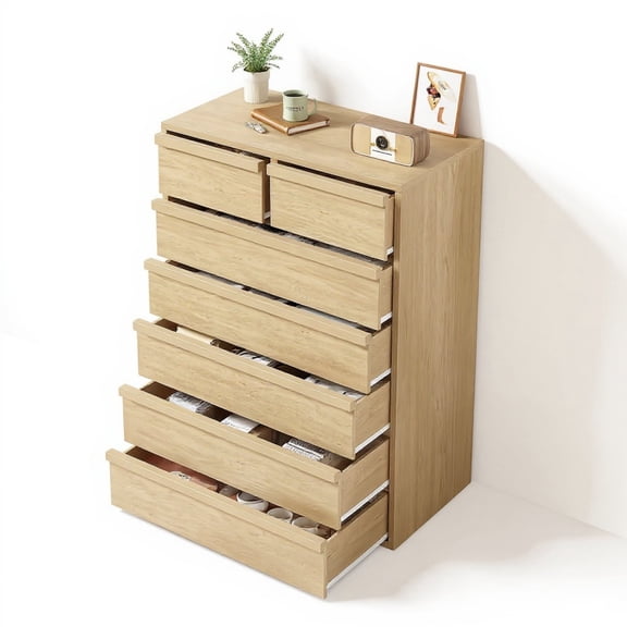 Garvee Vertical Chest of Drawers with 7 Drawers, 29.5 x 15.9 x 46.8", Oak