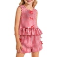 thumbnail image 2 of Edvintorg Outfits for Girls Cute Plaid Crew Neck Sleeveless Ruffle Hem Loose Casual Tops and Shorts Girls 2 Piece Sets Size 1-8, 2 of 9
