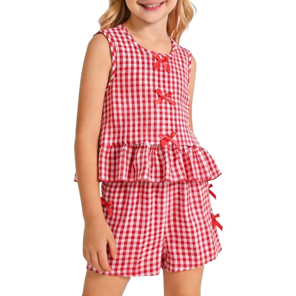Amidoa Girls 2 Piece Outfits Summer Clothes Cotton Ruffle Sleeve Tank Top T-Shirt and Shorts Casual Kids Clothing Sets,Watermelon Red Size 1T