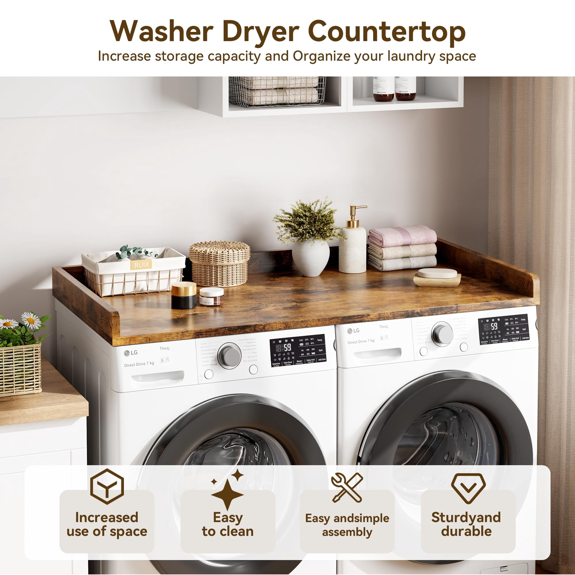 54"x27.5" Washer Dryer Countertop, Laundry Topper with Edge & Non-Slip Pad, Laundry Hamper Storage Organization