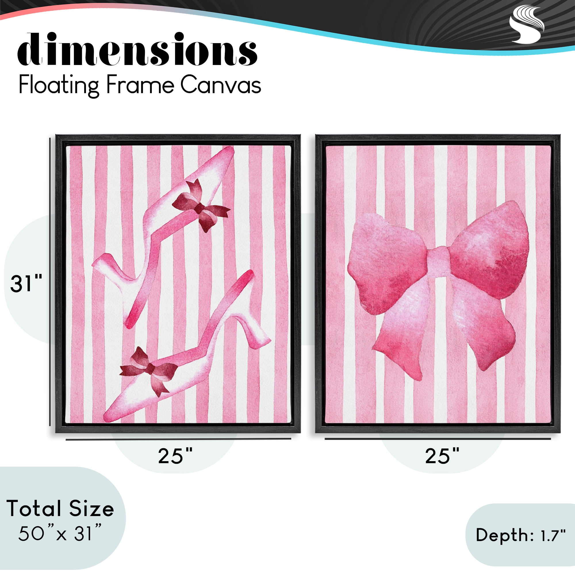 Stupell Industries Feminine Chic Bows Pink Stripes 2 Piece Black Framed Floater Canvas Set, design by Camila Juncos