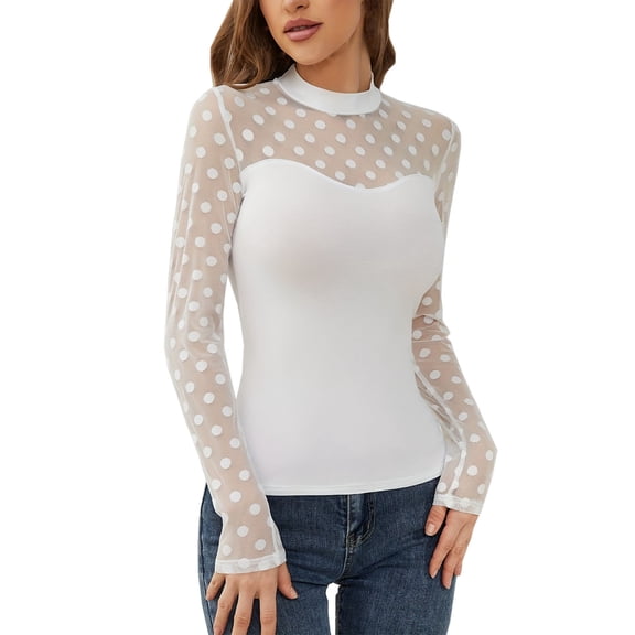 yillto Womens Mesh Tops Long Sleeve Mock Neck Blouse Going out See Through Shirts Clubwear S-XXL