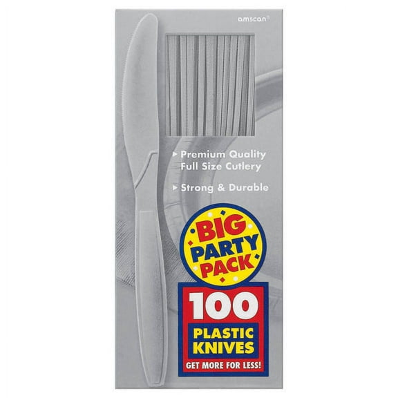 Amscan Big Party Pack Midweight Plastic Knives, 7-1/2", Silver, 100 Knives Per Box, Pack Of 2 Boxes