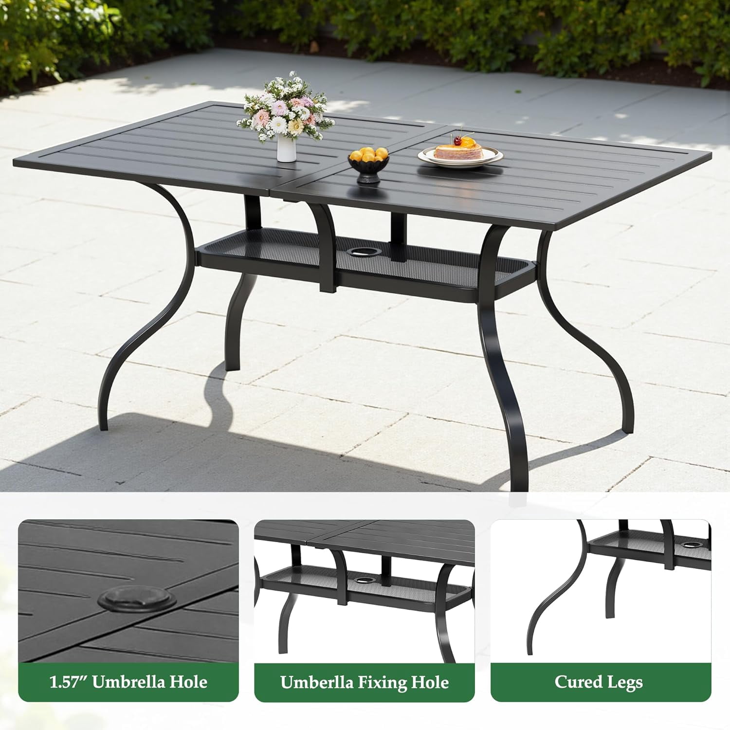 SOLAURA 7 Piece Outdoor Patio Dining Set, Metal Furniture Set Rectangular Dining Table with Umbrella Holes & 6 Stackable Backyard Garden Chairs