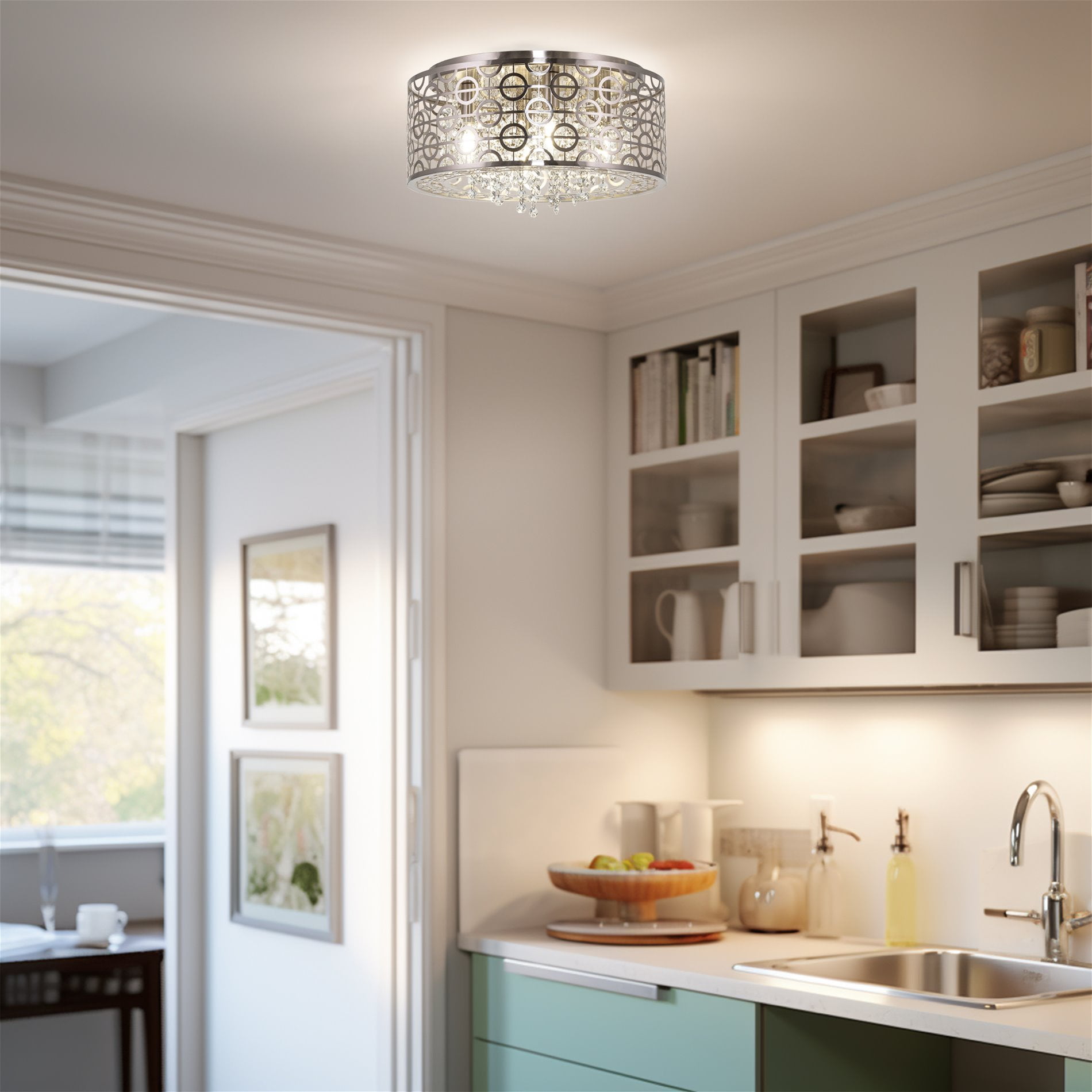 Kira Home Brielle 15" Modern Chic 4-Light Crystal Flush Mount Chandelier + Round Metal Shade, Dimmable, Brushed Nickel