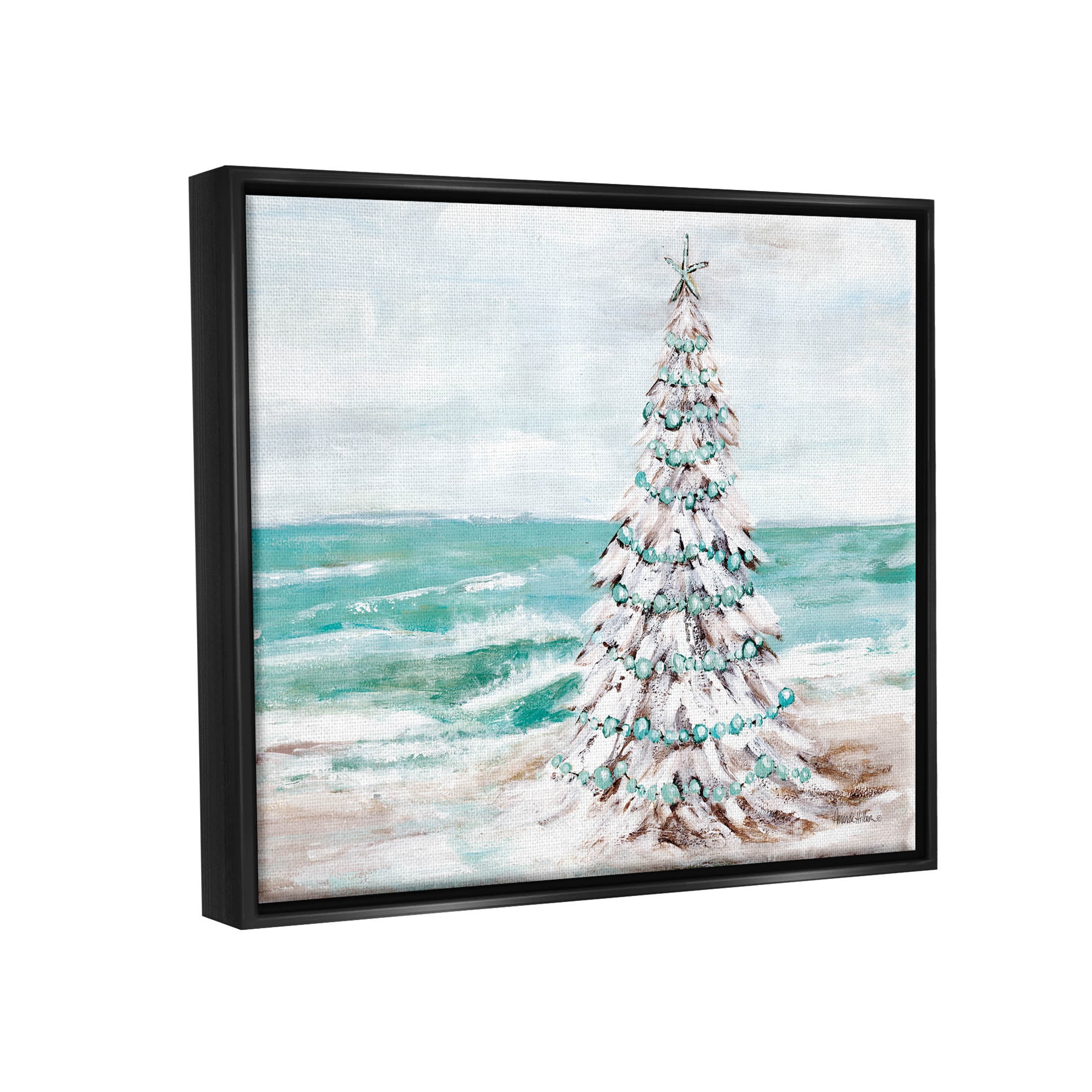 Snowy Christmas Tree Beach Shore Holiday Painting Jet Black Framed Art Print Wall Art