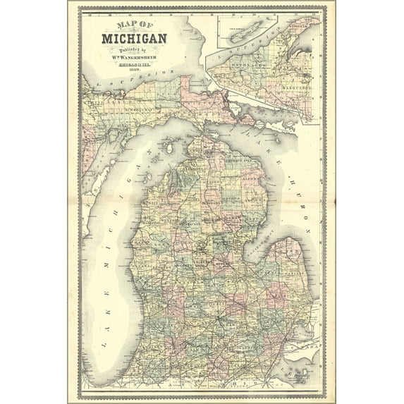 24"x36" Gallery Poster, Map of Michigan 1889