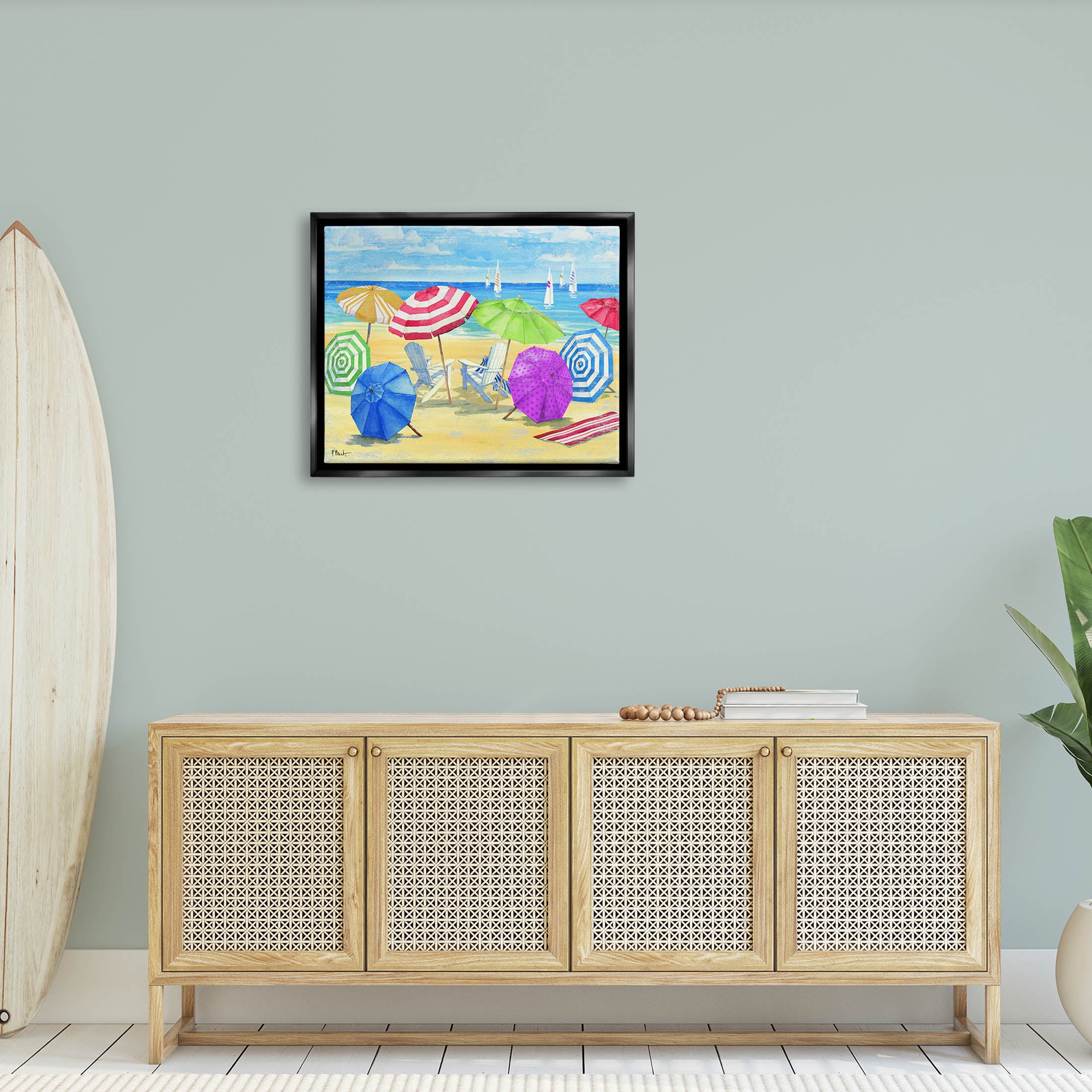 Stupell Industries Umbrella Coast Vibrant Beach Landscape Painting Jet Black Floating Framed Canvas Print Wall Art, Design by Paul Brent