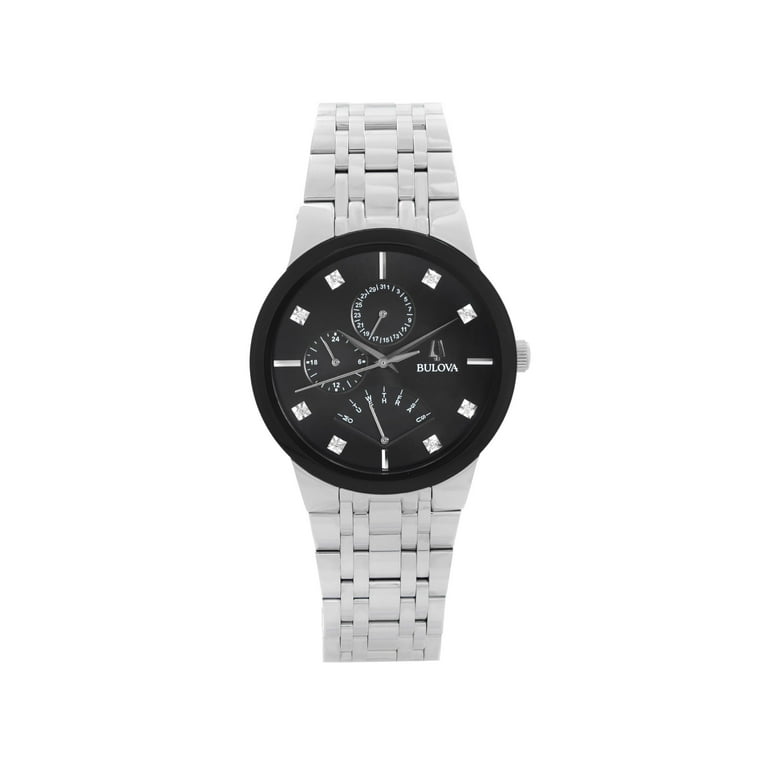 Bulova 40mm Steel Multifunction Black Diamond Dial Quartz Mens Watch 96D148