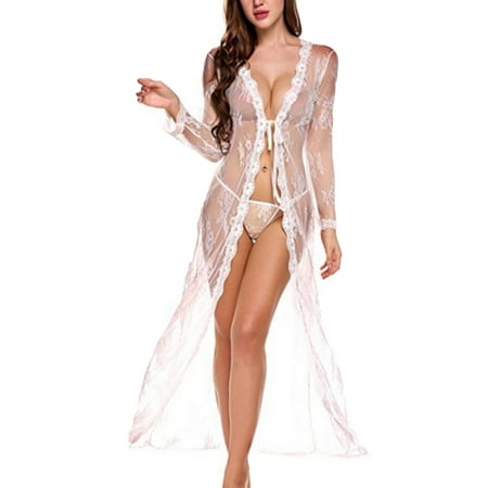 BLTIBY Womens Lingerie V Neck Lace Mesh Babydoll Solid Color Sleepwear Nightgown Long Side Split Sleep Thong Dress White XL
