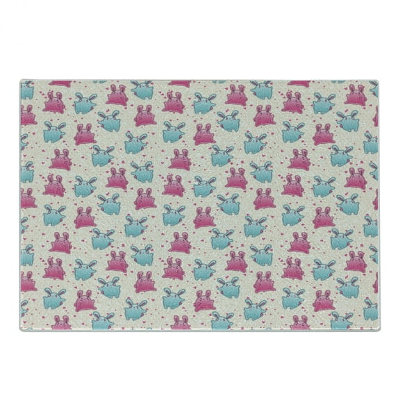 Kawaii Cutting Board, Pattern with Doodles Cartoon Funny Characters Little Hearts, Decorative Tempered Glass Cutting and Serving Board, Small Size, Pale Blue Pink Beige, by Ambesonne