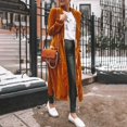 thumbnail image 2 of Long Coat Women Cardigan Coat Lapel Long Sleeve Open Front Golden Velvet Fabric Jacket Solid Color Mid-length Outerwear, 2 of 6
