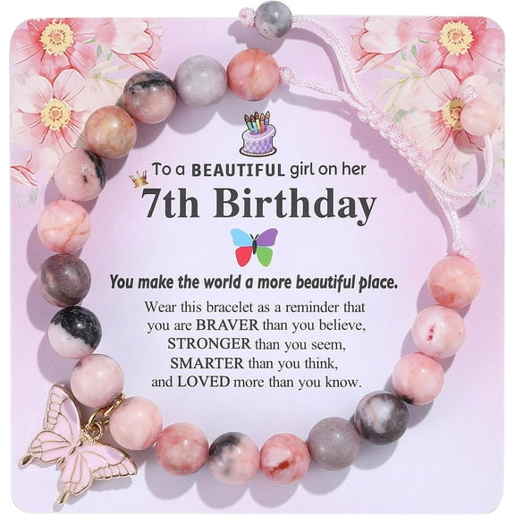 Birthday Bracelet Gift for Girls 6-13 Years Old, Pink Zebra Natural Stone Butterfly Charm Bracelet for Daughter Granddaughter Niece Teenage Girl Birthday Gift