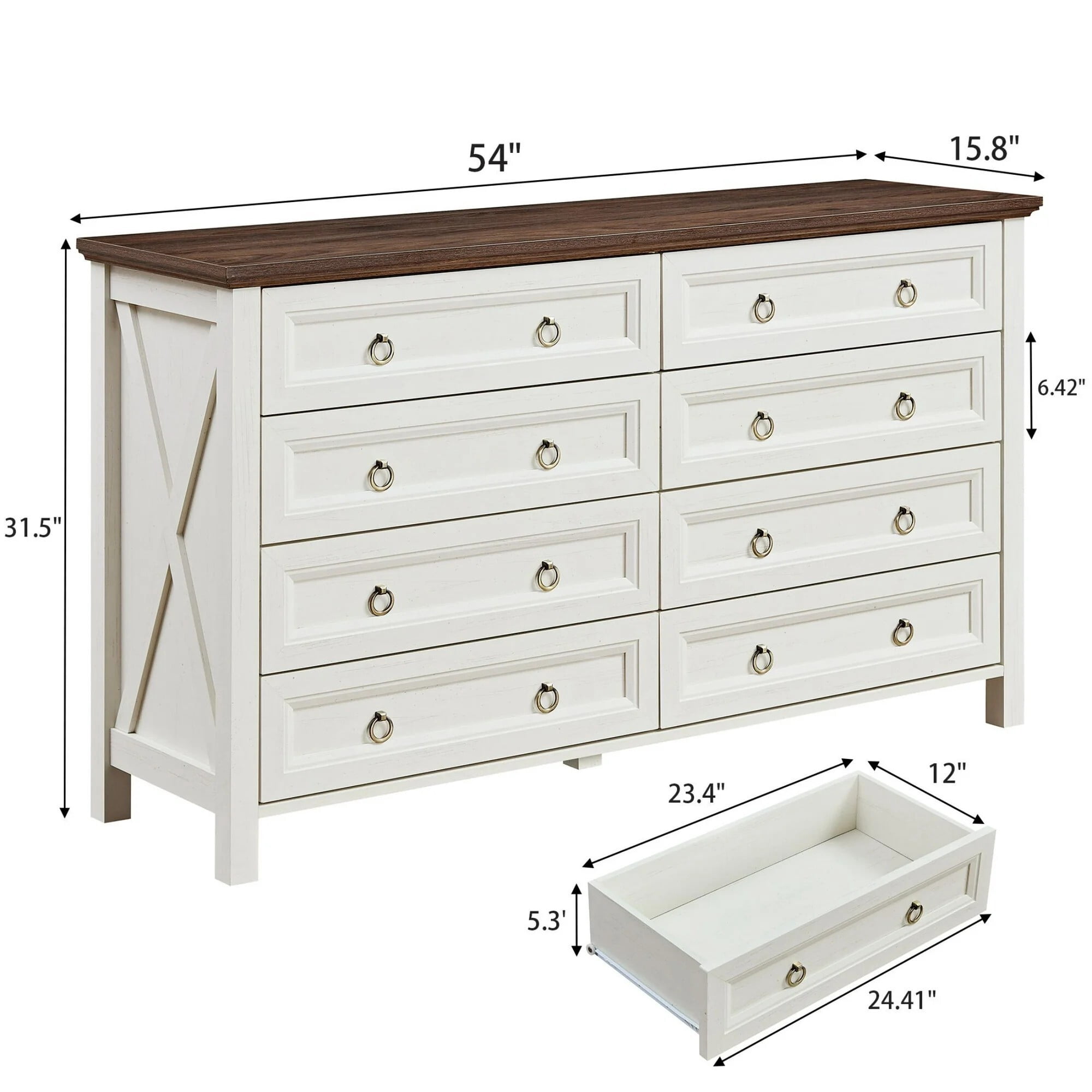 DEALTOPS 8-Drawer Farmhouse Dresser, 54" Wide Wood Storage Chest Bedroom Organizer with Metal Handles, White