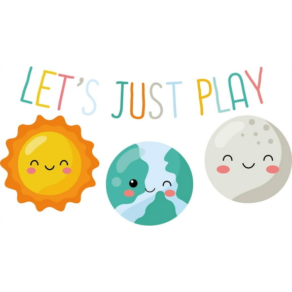 Let's Just Play - Home Living Room Vinyl Wall Lettering Art Sticker Quotes Decoration | 22" x 36" Removable Nursery Kids Bedroom Decor Sun Moon & Earth Faces Design Kids Playroom Vinyl Wall Decal