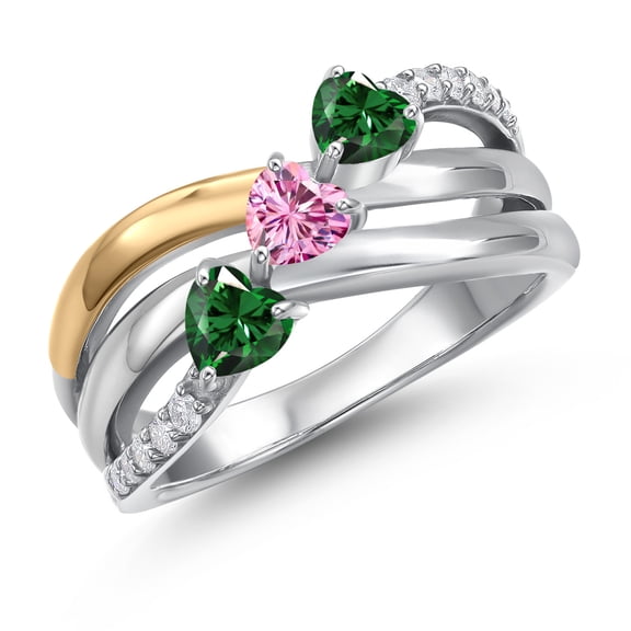 Gem Stone King 925 Silver and 10K Yellow Gold Green Nano Emerald and Pink Moissanite and Lab Grown Diamond Engagement Ring for Women | 1.14 Cttw | Heart Shape Gemstone May Birthstone | Size 6