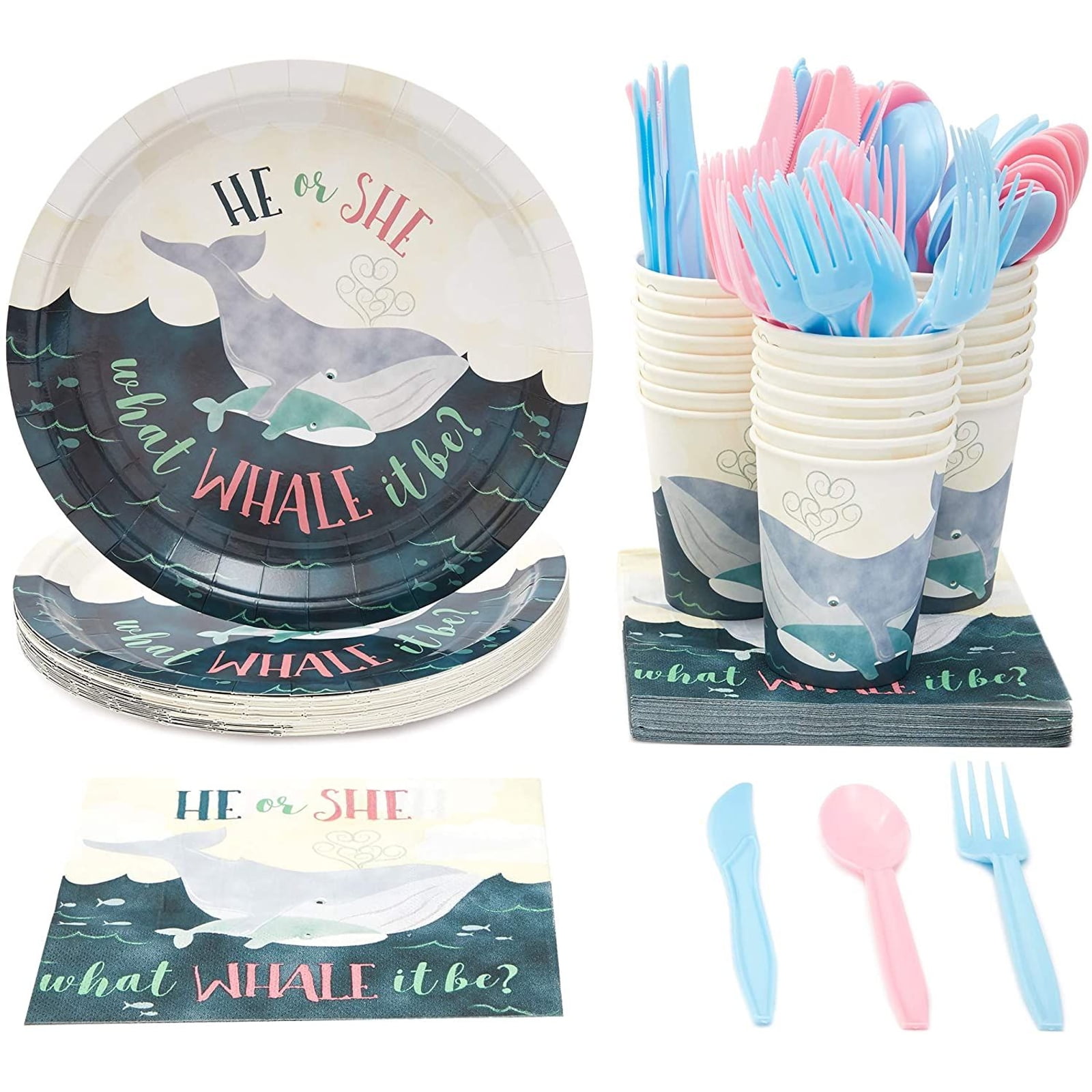 Serves 24 Whale Gender Reveal Party Supplies & Decorations, He or She Paper Plates, Napkins, Cups & Cutlery for Baby Shower