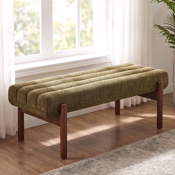 Green Modern Bench for Bedroom, End of Bed, Entryway, Living Room | Chenille Fabric, Wooden Legs, 47" Upholstered Mid Century Modern
