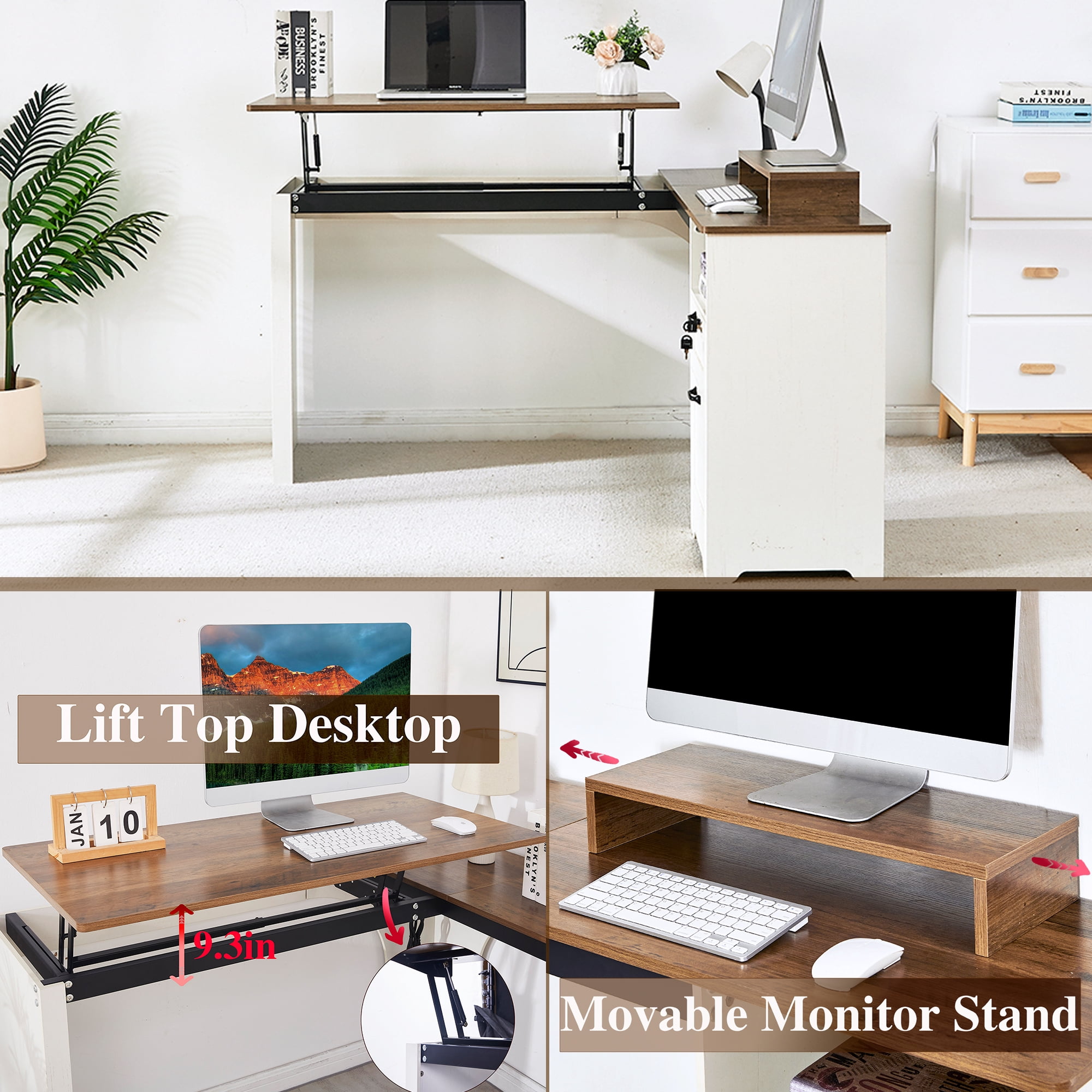Haooyeah Lift Top L-Shaped Standing Desk with Power Outlet, Sit-Stand Corner Computer Desk with Drawers, Lockable File Cabinet & Monitor Stand, White