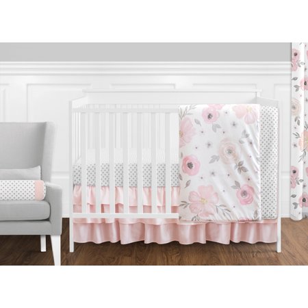 UPC: 0846480053811 | 11 pc. Blush Pink  Grey and White Watercolor Floral Baby Girl Crib Bedding Set by Sweet Jojo Designs – Rose Flower Polka Dot