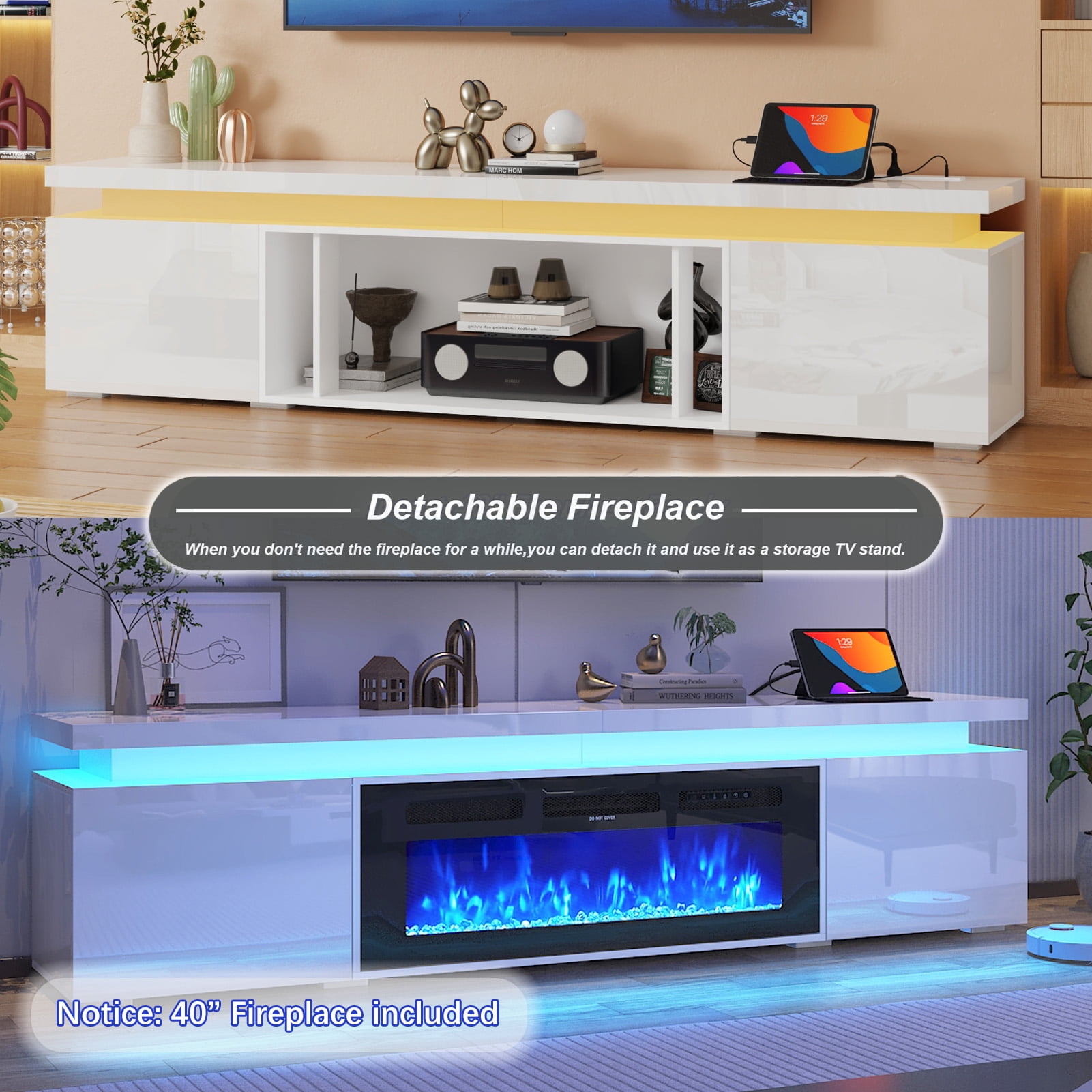 70" LED TV Stand with 40" Fireplace for Modern Living Room, Glossy Fireplace TV Stand Gaming Entertainment Center with Power Outlet for 85/80/75 Inch TVs
