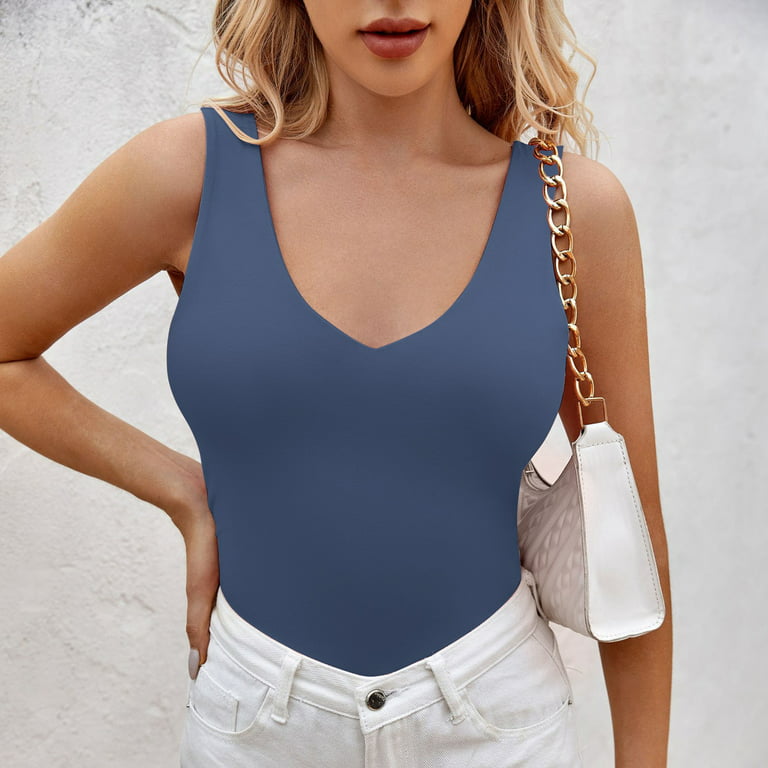 EHQJNJ Tank Tops for Women 2024 Workout Crop Summer Women Sleeveless Deep V  Neck Solid Color Tank Top Casual Slim Vest Blouse Corset Tops for Women