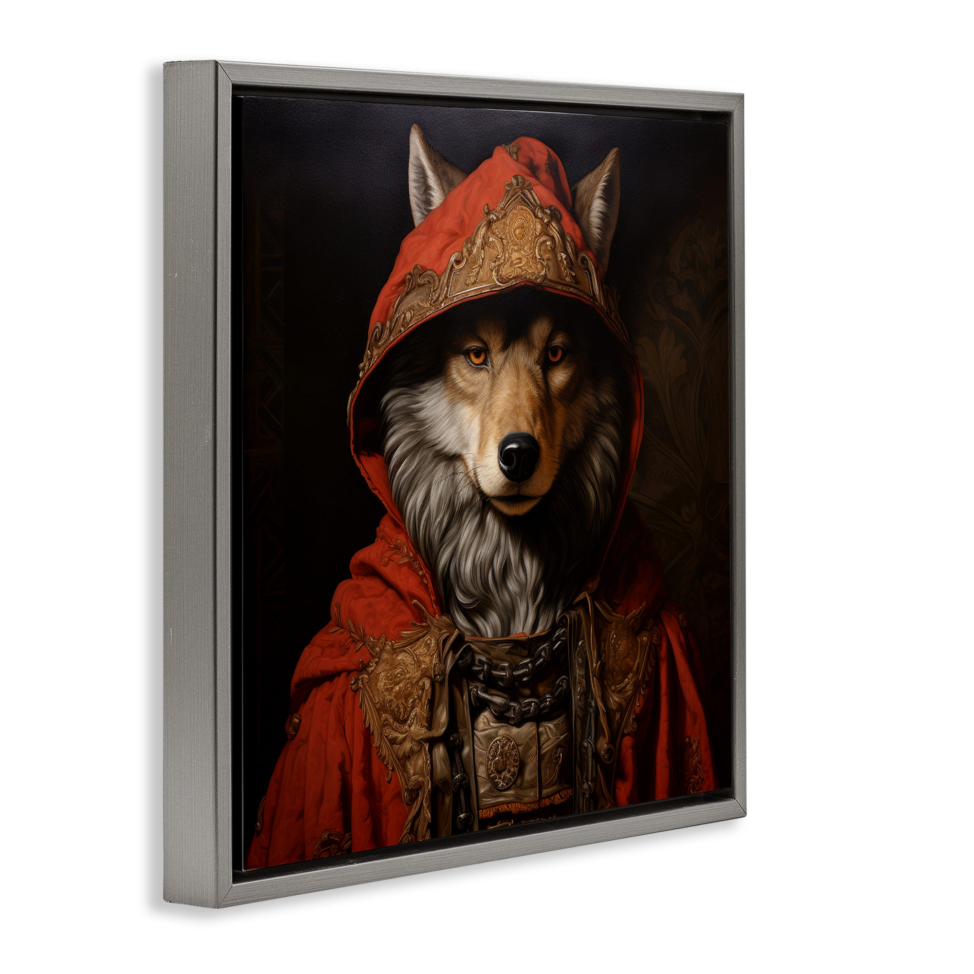 Stupell Industries Wolf with Red Cloak Animals & Insects Painting Gray Floater Framed Canvas Art Print Wall Art, 18 x 18