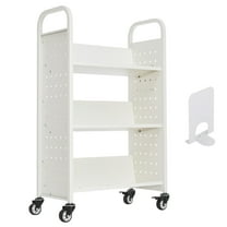KFFKFF Rolling Library Book Cart, 330 lbs Capacity, 30.3 x 15 x 48.0-Inch Cart, Single-Sided V-Shaped Shelves with 3-Inch Lockable Wheels, Book Organizer for Home, Office, and School, White